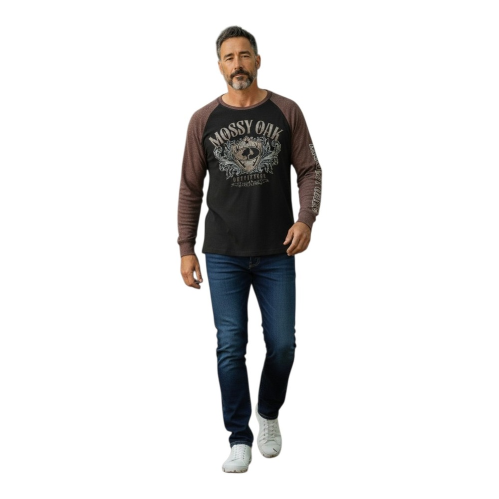Mossy Oak Men's M Long Sleeve Black Waffle Knit Graphic Print Thermal Henley Top